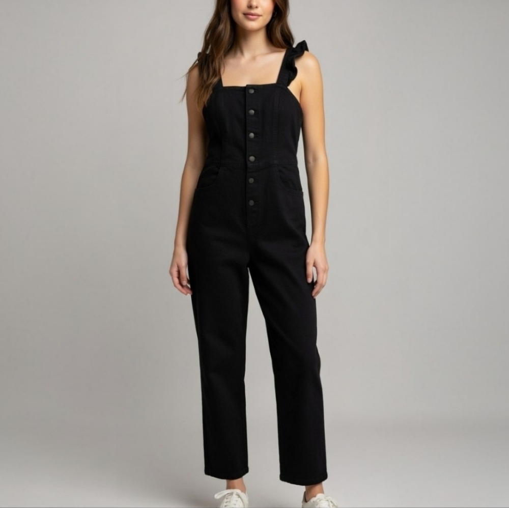 Black Button-Front Jumpsuit with Tie Straps